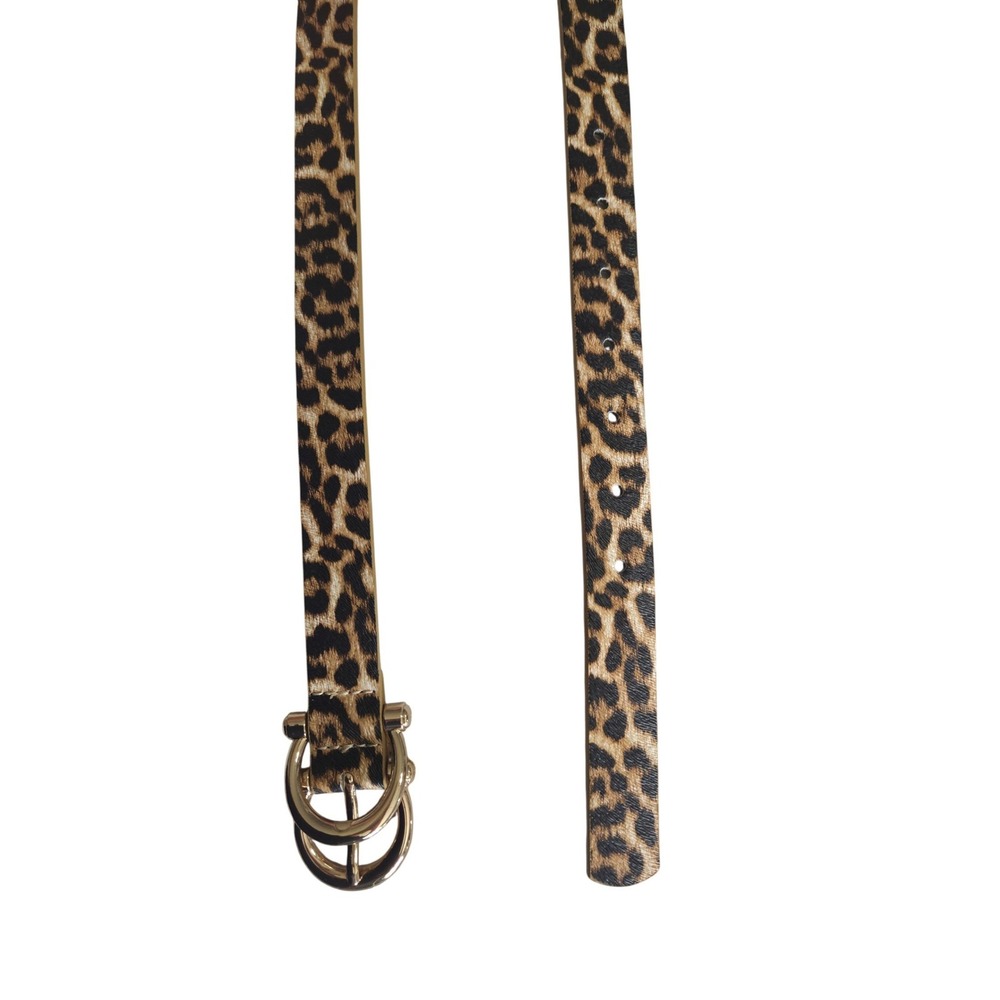 Womens Leopard Print Slim Belt Gold Double Ring Buckle Size M/L Animal Print - Picture 2 of 4